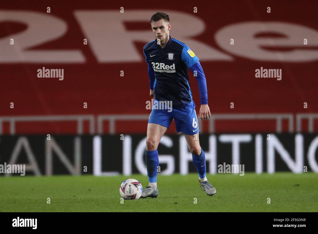 MIDDLESBROUGH, ENGLAND. MÄRZ 16th: Liam Lindsay von Preston North End während des Sky Bet Championship Spiels zwischen Middlesbrough und Preston North End im Riverside Stadium, Middlesbrough am Dienstag, den 16th. März 2021. (Quelle: Mark Fletcher, Mi News) Stockfoto