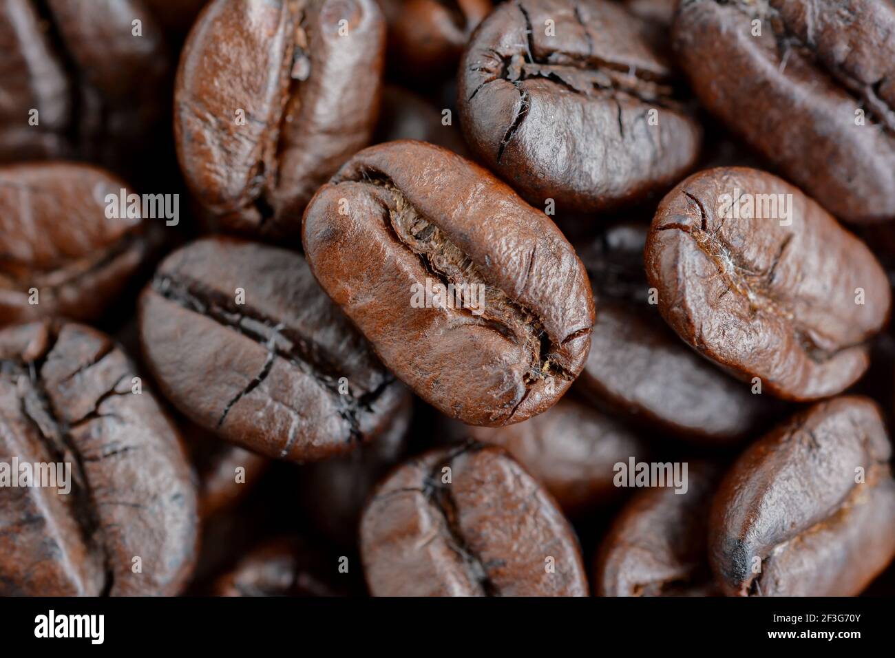 Dunkel geröstete Kaffeebohnen - Nahaufnahme Stockfoto
