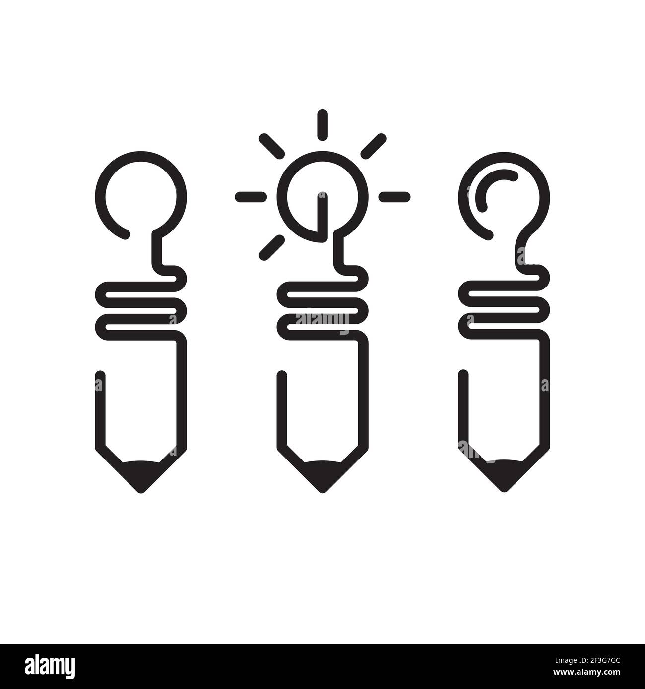 Symbol für Bleistift und Glühbirne auf weißem Hintergrund isoliert. Ideensymbolsatz. Liniensymbol Minimaler Stil. Einzeilige Abbildung. Schwarz-Weiß-Vektorset Stock Vektor