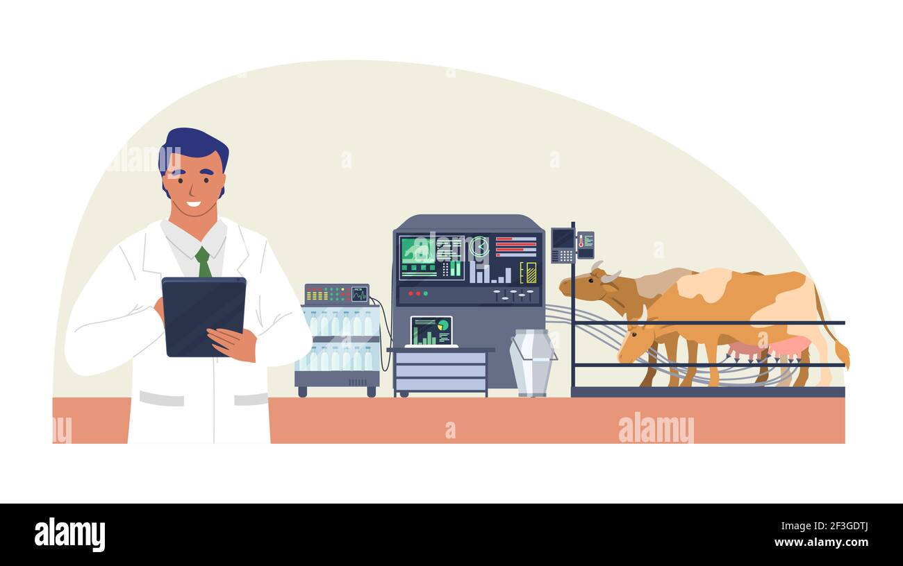 Smart Rinderfarm, flache Vektor-Illustration. Automatische Kuh Melkmaschine. IoT, Smart Farming-Technologie in der Landwirtschaft Stock Vektor