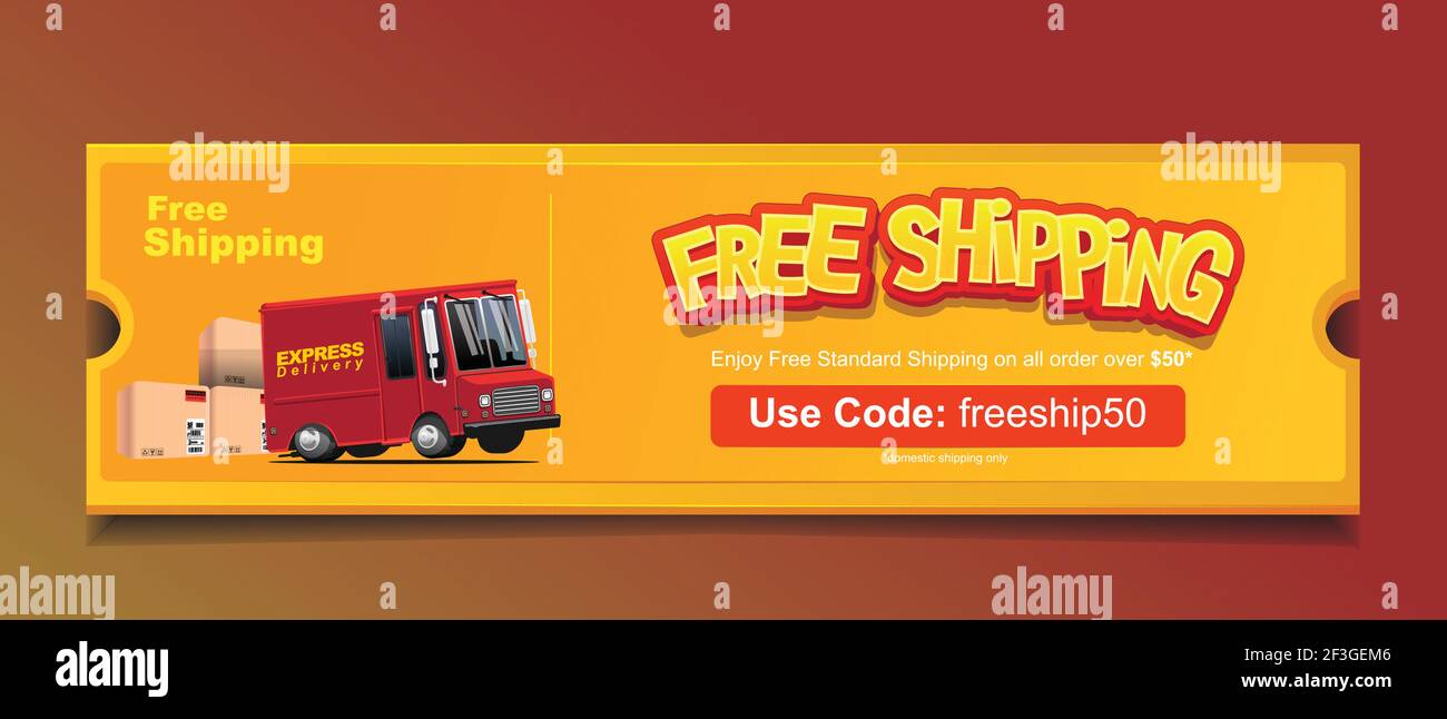 Kostenloser Versand Werbe-Web-Banner-Konzept. Lieferung LKW vor Stapeln Versandkarton mit großen kostenlosen Versand Text und Gutschein-Code. vektor illu Stock Vektor