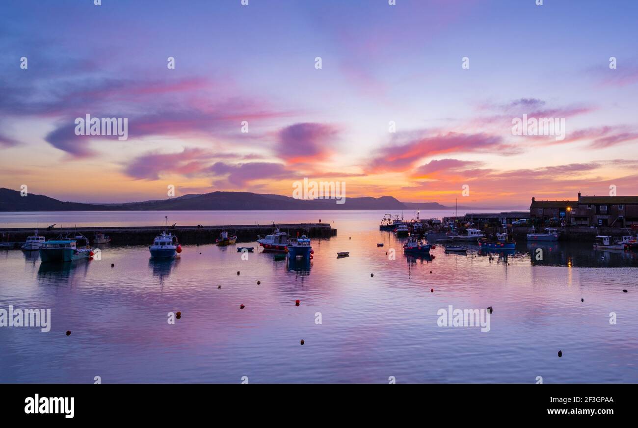 Lyme Regis, Dorset, Großbritannien. März 2021, 17th. UK Wetter: Spektakuläre Sonnenaufgangsfarbe über dem Cobb bei Lyme Regis zu Beginn eines schönen Frühlingstages. Kredit: Celia McMahon/Alamy Live Nachrichten Stockfoto