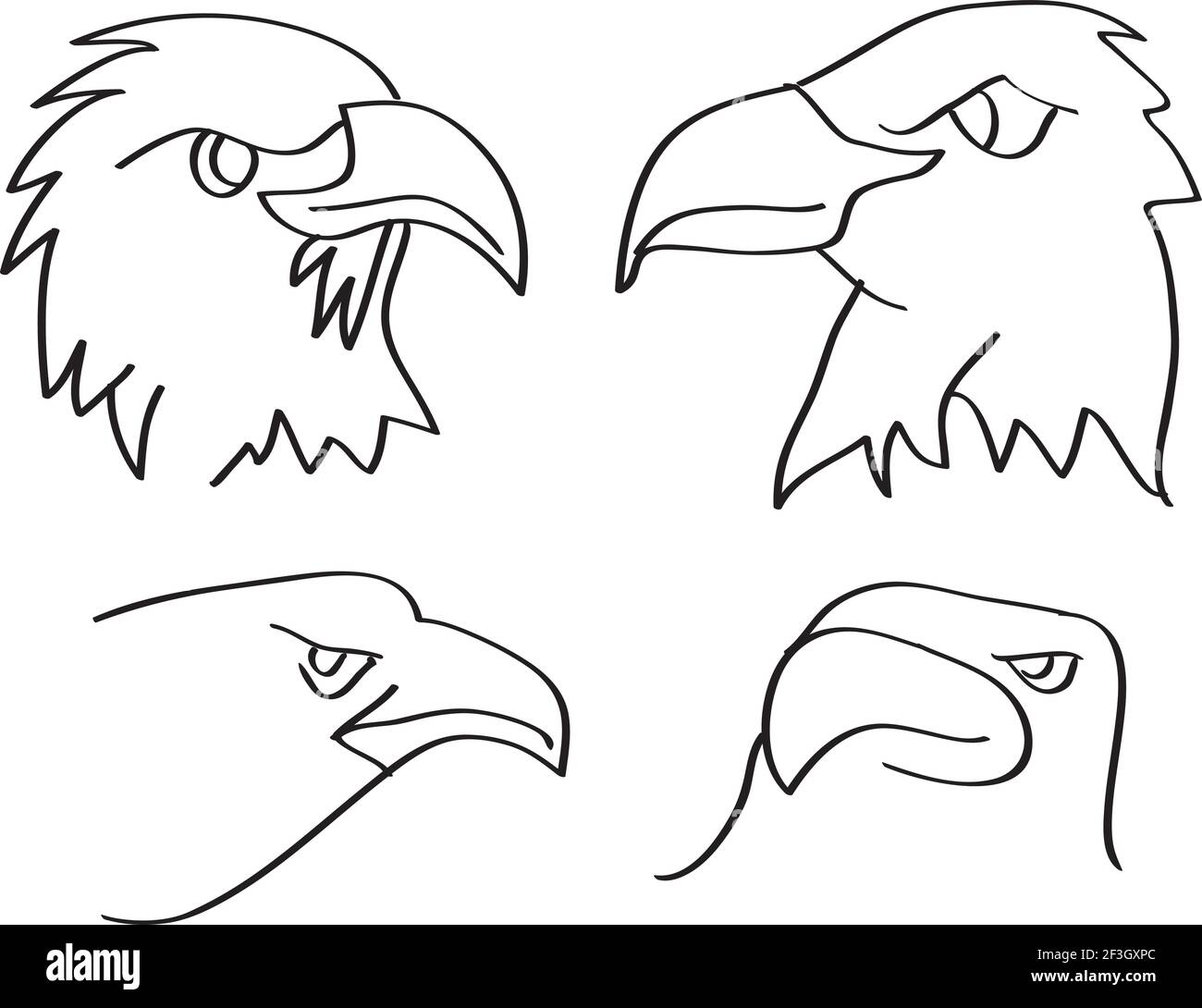 Linienkunst Vektor Illustration von Köpfen von Adlern in der Seitenansicht und Dreiviertelansicht isoliert auf weißem Hintergrund. Stock Vektor