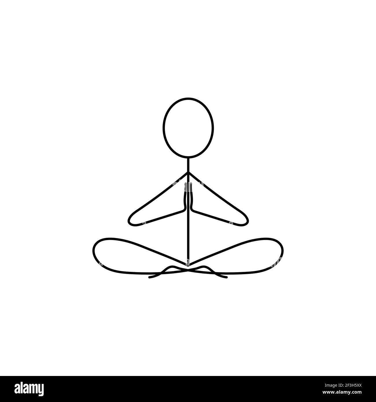 Cartoon-Symbol der Skizze Stick Figur sitzt in Lotus-Position Und meditieren isoliert auf weißem Hintergrund Stock Vektor