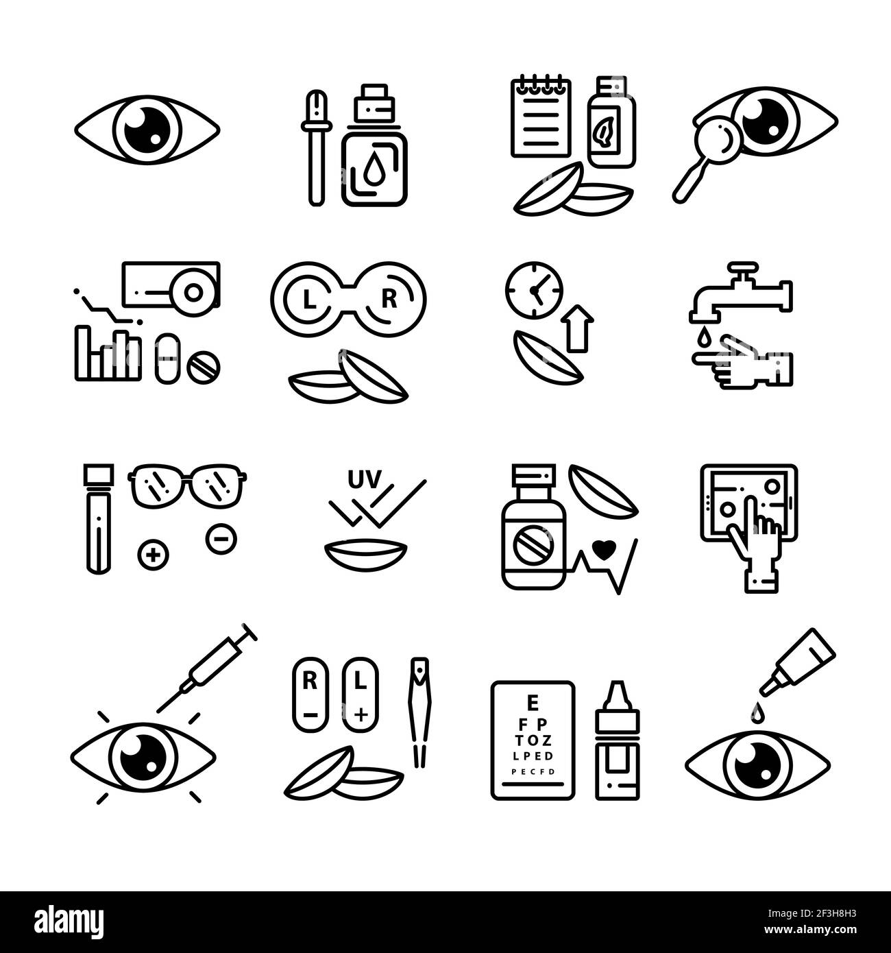 Satz linearer Symbole für Vektorkontaktlinse und Ophtalmologie. Isolierte Gliederungsabbildungen. Stock Vektor