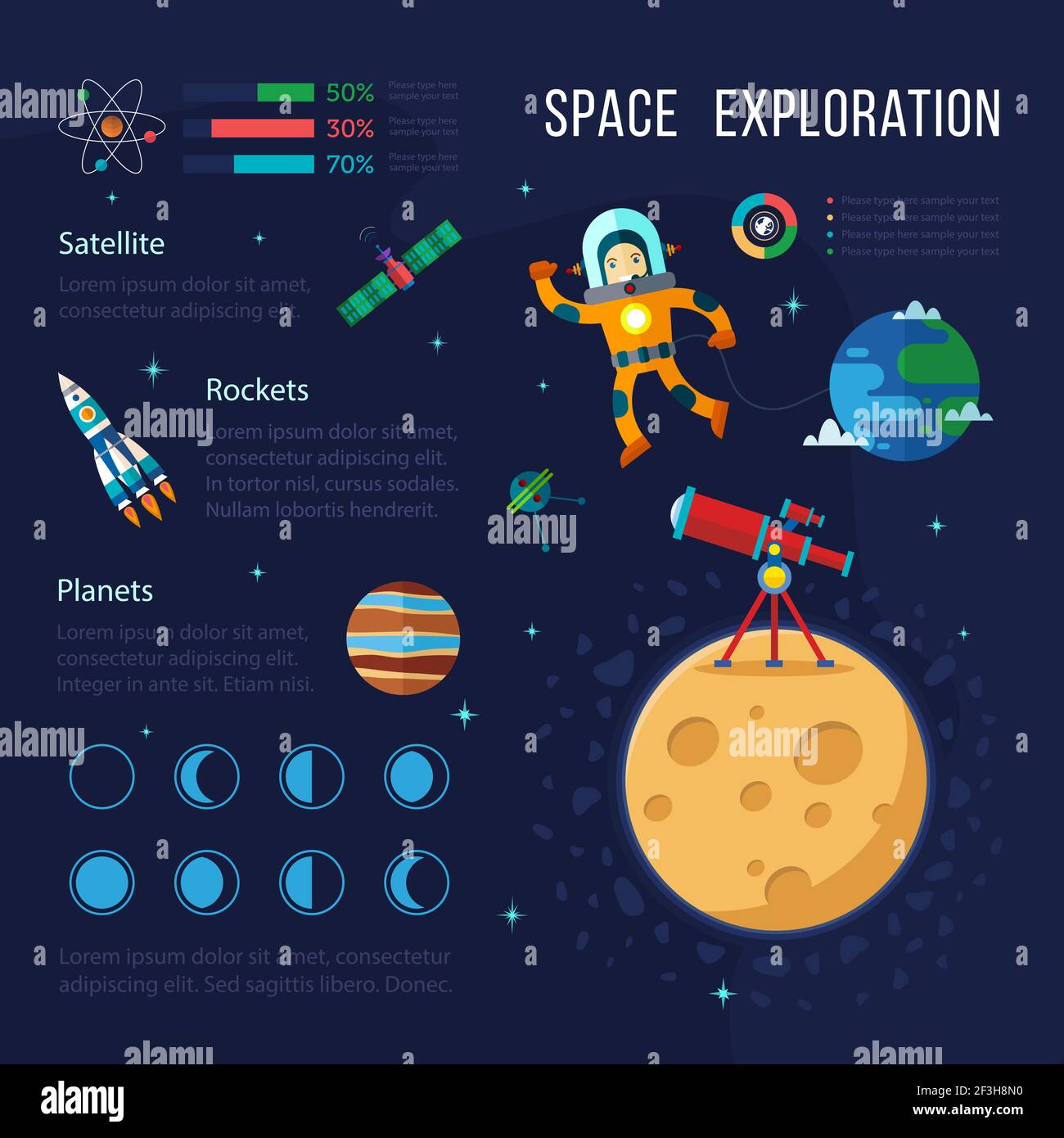 Space Exploration Design mit flachen Vektor-Illustration Symbole von Astronaut, Mond, Rakete, Sterne. Stock Vektor