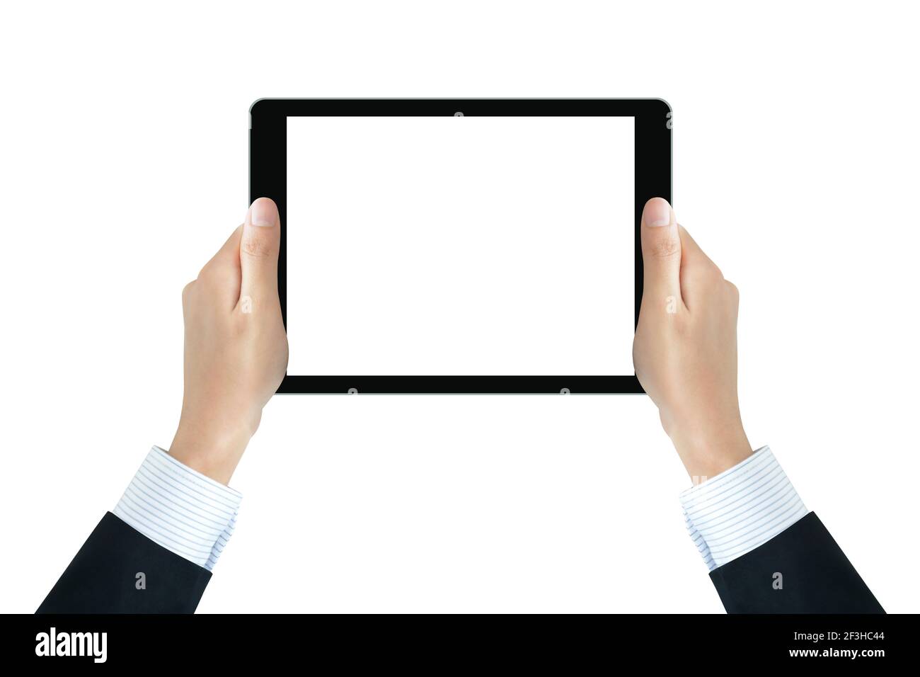 Geschäftsmann Hände halten Tablet-pc mit leeren isolierten Bildschirm Stockfoto