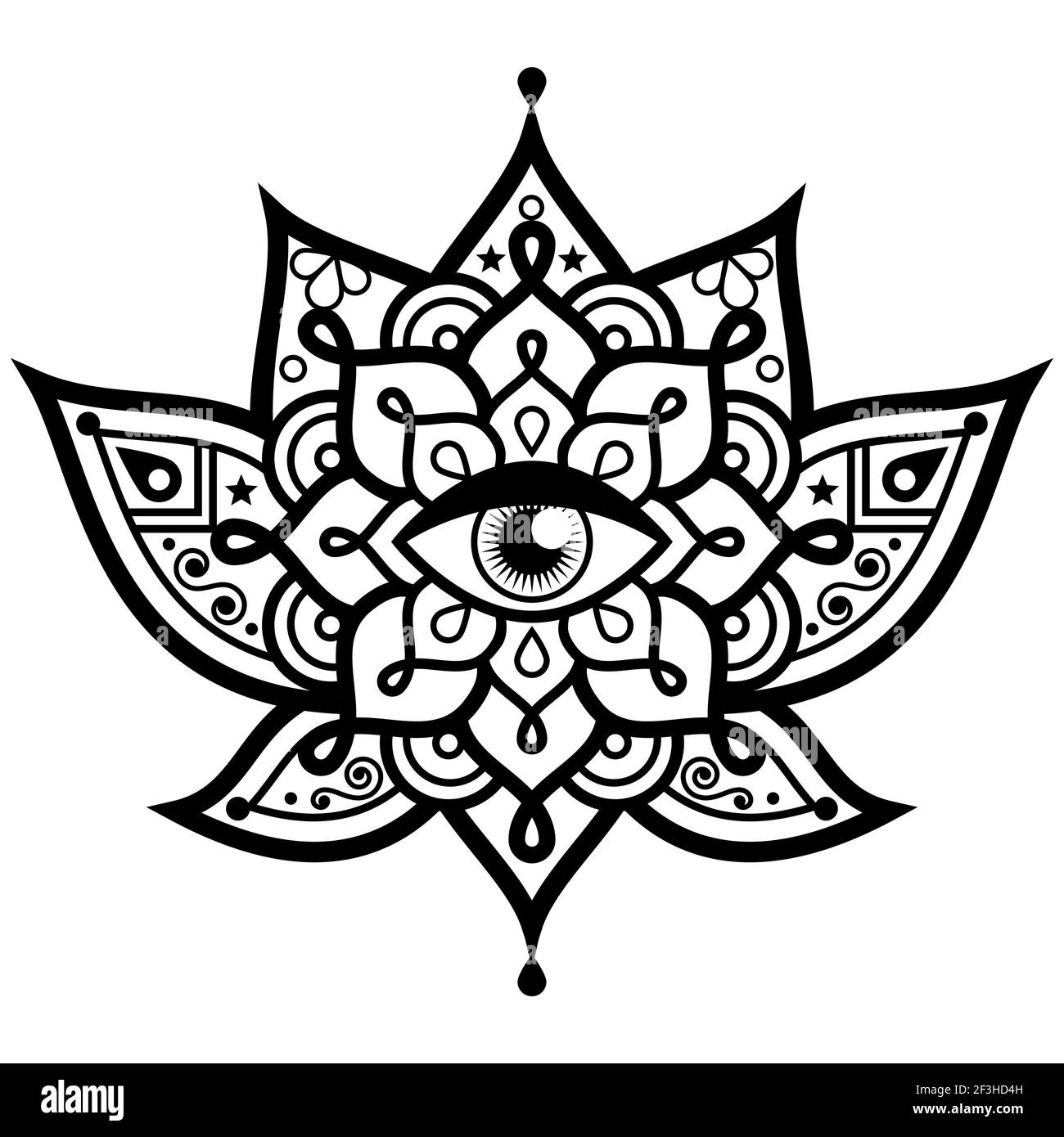 Lotusblume mit bösem Auge Mandala Vektor-Design - Symbol des Schutzes, Yoga, Zen, buddhismus, Achtsamkeit Konzept Stock Vektor
