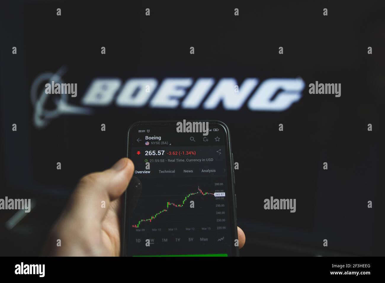 Halten Handy mit Aktienmarkt Charts von Boeing Unternehmen Freigaben Stockfoto