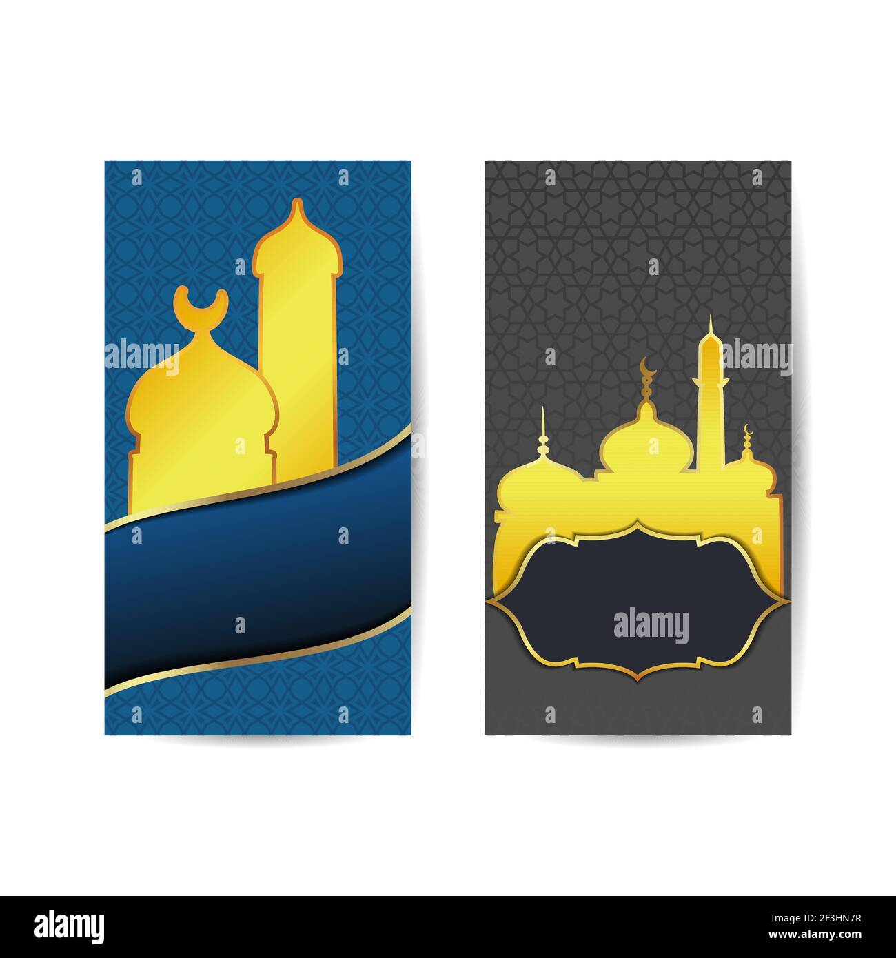 Ramadan Kareem Grußbanner Set Design von Vektor-Moschee und Laterne, Halbmond und funkelnden Stern in Nachthimmel, Kalligraphie arabischen Text für M Stock Vektor