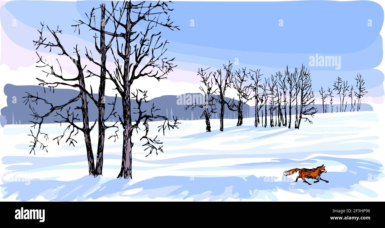 Winterlandschaft mit einem Feld und einer Gruppe von Bäumen. Eines der vier Gemälde der Jahreszeiten. Weiße und blaue Farbe und Akzent auf dem laufenden roten Fuchs Stock Vektor