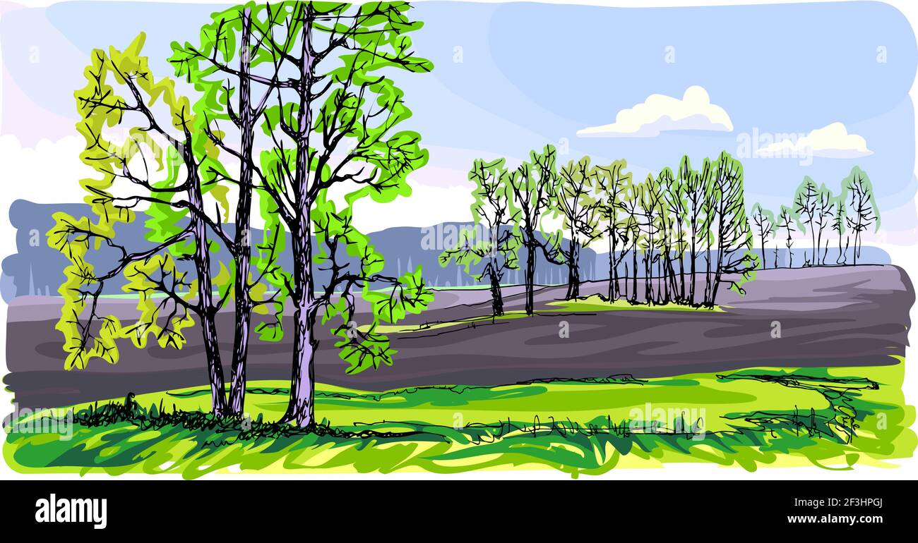 Frühlingslandschaft mit einem Feld und einer Gruppe von Bäumen. Eines der vier Gemälde der Jahreszeiten. Die Natur erwacht nach einem Winterschlaf. Stock Vektor