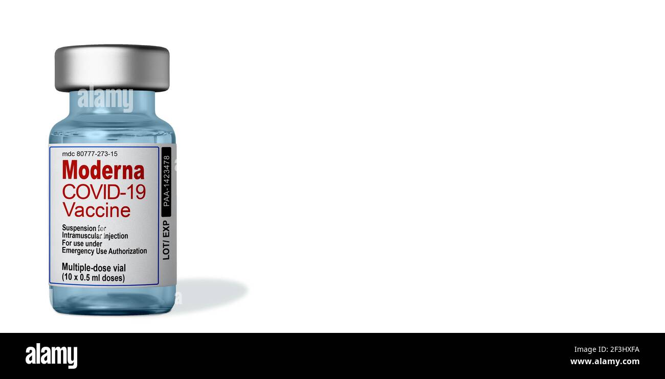Marseille, Frankreich - 16. März 2021: Moderna Inc COVID-19-Impfstoff - Coronavirus-Impfstoff auf Fläschchen - Banner-Design mit Kopierraum Stockfoto