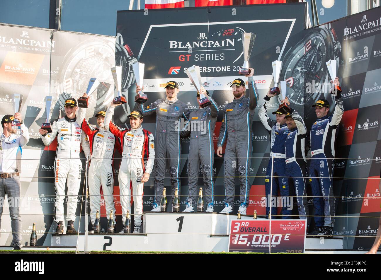 Podium, Matthieu Vaxiviere, Jake Dennis, Nicki Thiim R-Motorsport Aston Martin V12 Vantage, Tristan Vautier, Adam Christodoulou, Raffaele Marciello Mercedes-AMG Team Akka ASP Mercedes-AMG GT3, Markus Palttala, Stephane Ortelli, Norbert Siedler Emil Frey Lexus Racing Lexus RC F GT3 während der Blancpain GT 2018, in Silverstone, Großbritannien Vom 18. Bis 20. Mai - Foto Antonin Vincent / DPPI Stockfoto