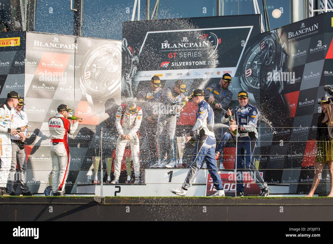 Podium, Matthieu Vaxiviere, Jake Dennis, Nicki Thiim R-Motorsport Aston Martin V12 Vantage, Tristan Vautier, Adam Christodoulou, Raffaele Marciello Mercedes-AMG Team Akka ASP Mercedes-AMG GT3, Markus Palttala, Stephane Ortelli, Norbert Siedler Emil Frey Lexus Racing Lexus RC F GT3 während der Blancpain GT 2018, in Silverstone, Großbritannien Vom 18. Bis 20. Mai - Foto Antonin Vincent / DPPI Stockfoto