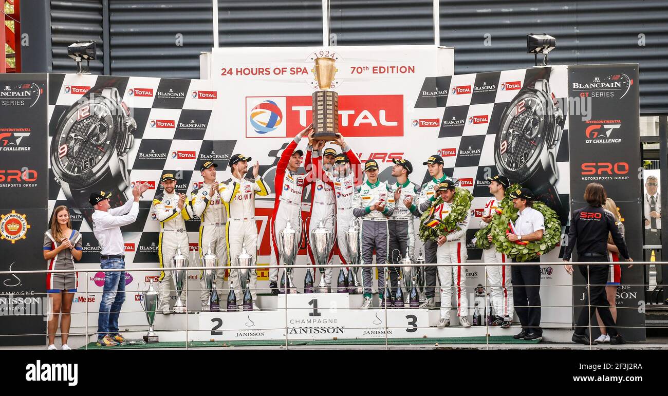 99 Alexander Sims (GBR), Jens Klingmann (DEU),Nicky Catsburg (NDL), ROWE Racing, BMW M6 GT3, 34 Philipp eng (deu), Tom Blomqvist (gbr), Christian Krognes (NOR), Walkenhorst Motorsport, BMW M6 GT3, 29 Kelvin van der Linde (zaf), Sheldon van der Linde (zaf), Jeffrey Schmidt (che), Montaplast by Land-Motorsport, Audi R8 LMS, 25 Markus Winkelhock (deu), Christopher Haase (deu), Frederic Vervisch (bel), Audi Sport Team Sainteloc Racing, Audi R8 LMS, Podium Ambiente während der 2018 Blancpain Endurance Series Meisterschaft 24 Stunden von Spa, vom 25. Bis 29. Juli, Spa Francorchamps, Belgien - Foto Francoi Stockfoto