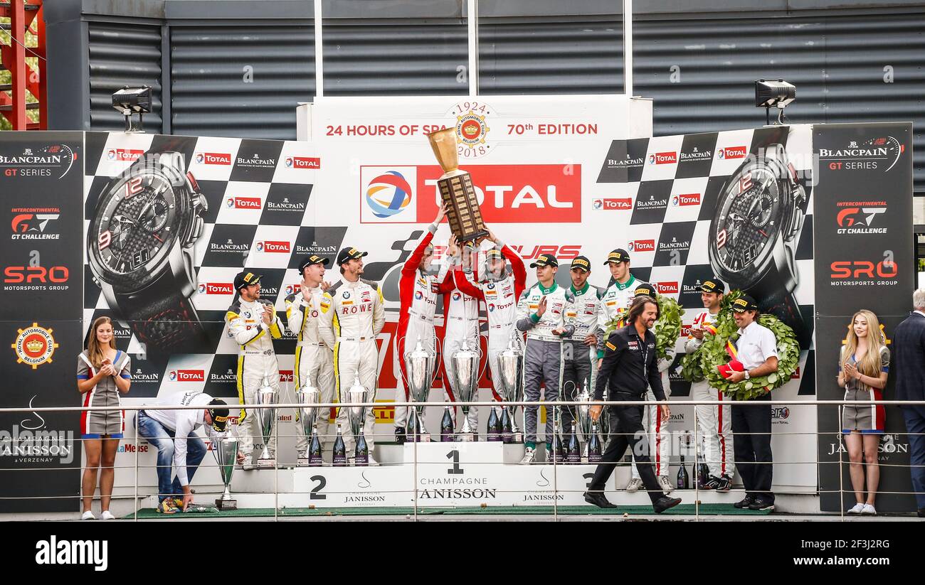 99 Alexander Sims (GBR), Jens Klingmann (DEU),Nicky Catsburg (NDL), ROWE Racing, BMW M6 GT3, 34 Philipp eng (deu), Tom Blomqvist (gbr), Christian Krognes (NOR), Walkenhorst Motorsport, BMW M6 GT3, 29 Kelvin van der Linde (zaf), Sheldon van der Linde (zaf), Jeffrey Schmidt (che), Montaplast by Land-Motorsport, Audi R8 LMS, 25 Markus Winkelhock (deu), Christopher Haase (deu), Frederic Vervisch (bel), Audi Sport Team Sainteloc Racing, Audi R8 LMS, Podium Ambiente während der 2018 Blancpain Endurance Series Meisterschaft 24 Stunden von Spa, vom 25. Bis 29. Juli, Spa Francorchamps, Belgien - Foto Francoi Stockfoto