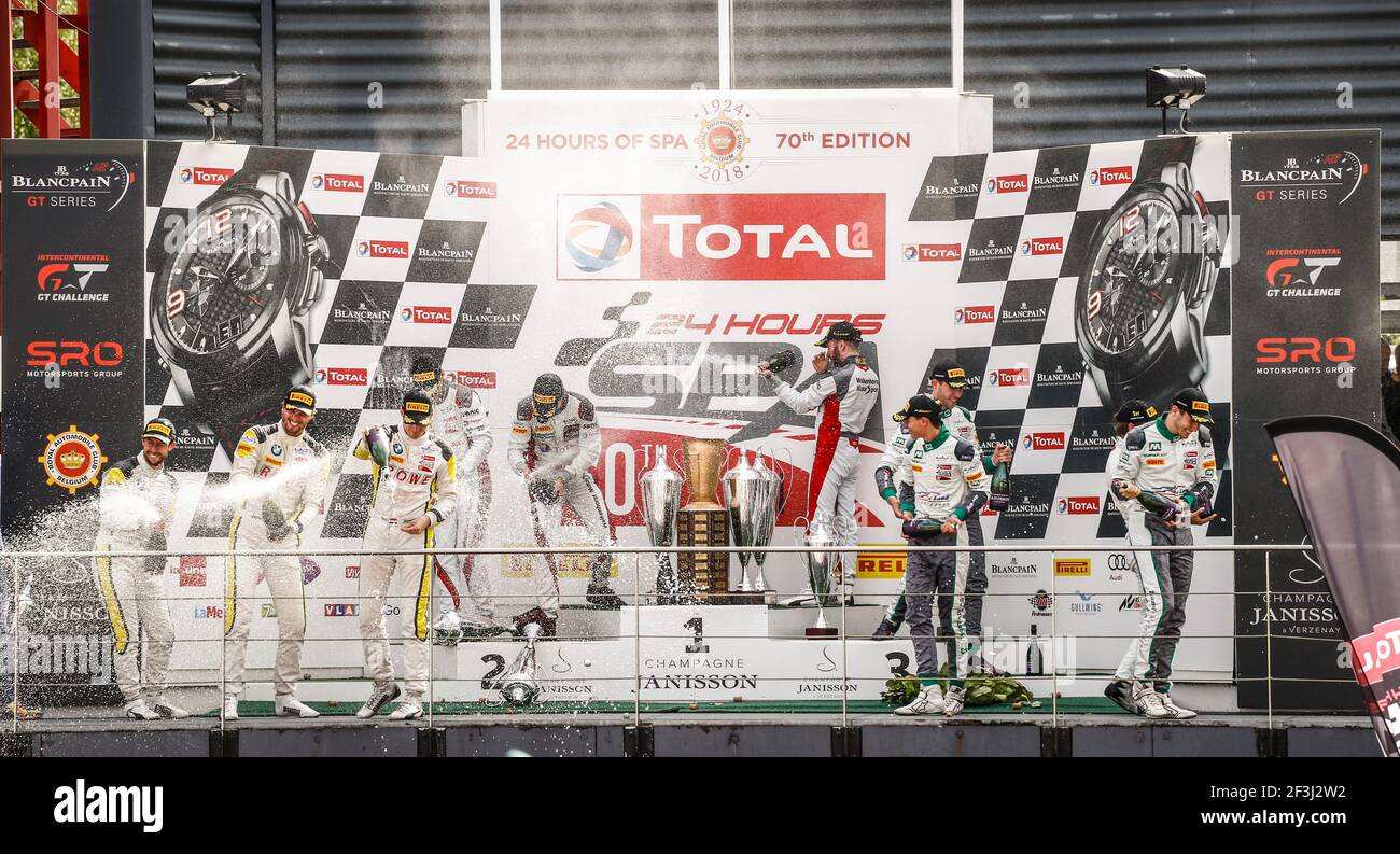 99 Alexander Sims (GBR), Jens Klingmann (DEU),Nicky Catsburg (NDL), ROWE Racing, BMW M6 GT3, 34 Philipp eng (deu), Tom Blomqvist (gbr), Christian Krognes (NOR), Walkenhorst Motorsport, BMW M6 GT3, 29 Kelvin van der Linde (zaf), Sheldon van der Linde (zaf), Jeffrey Schmidt (che), Montaplast by Land-Motorsport, Audi R8 LMS, 25 Markus Winkelhock (deu), Christopher Haase (deu), Frederic Vervisch (bel), Audi Sport Team Sainteloc Racing, Audi R8 LMS, Podium Ambiente während der 2018 Blancpain Endurance Series Meisterschaft 24 Stunden von Spa, vom 25. Bis 29. Juli, Spa Francorchamps, Belgien - Foto Francoi Stockfoto