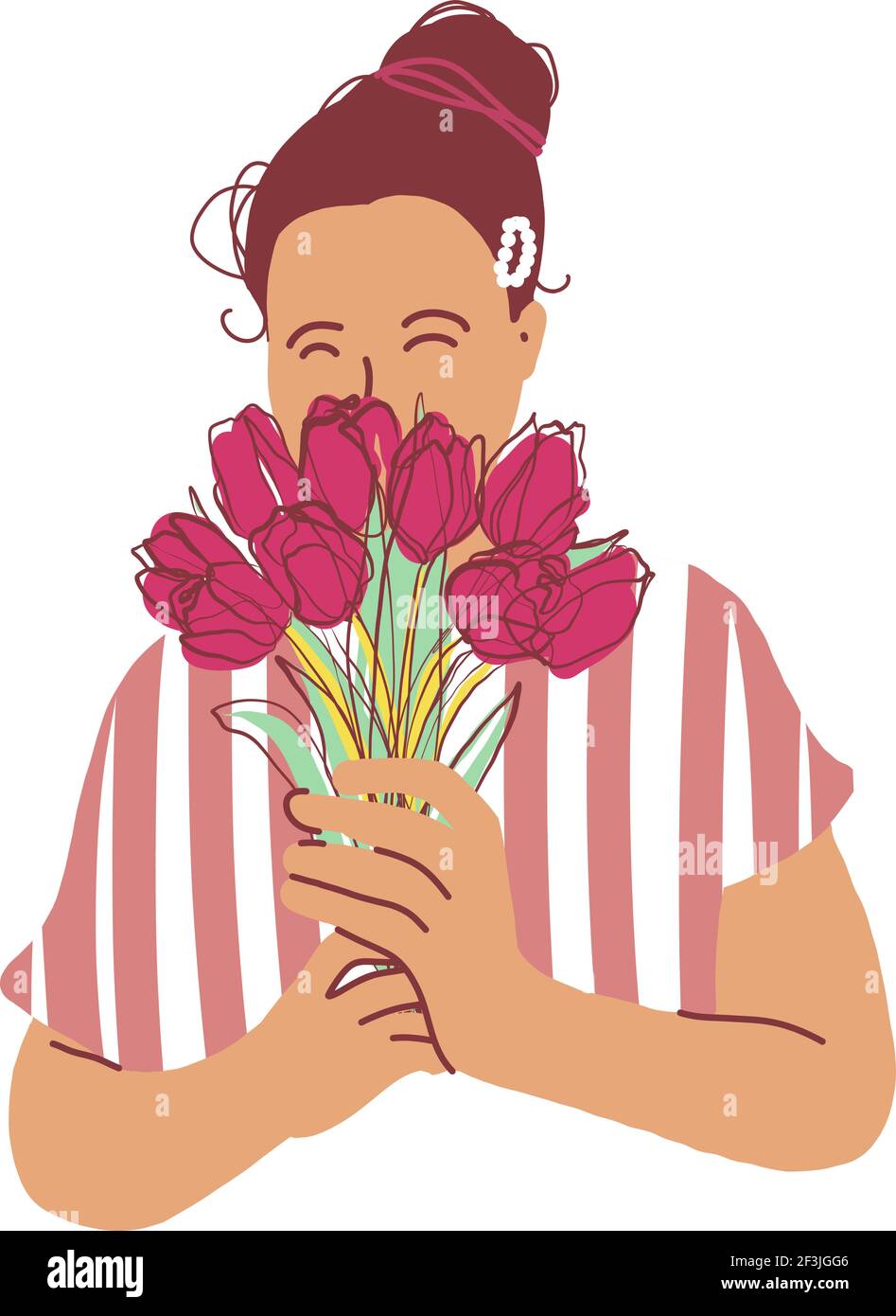 Frau mit Tulpen Blumenstrauß flache Vektor-Illustration. Zeichen weibliche Farbe Bild isoliert auf weiß. Mädchen hält in den Händen Frühlingsblumen Stock Vektor