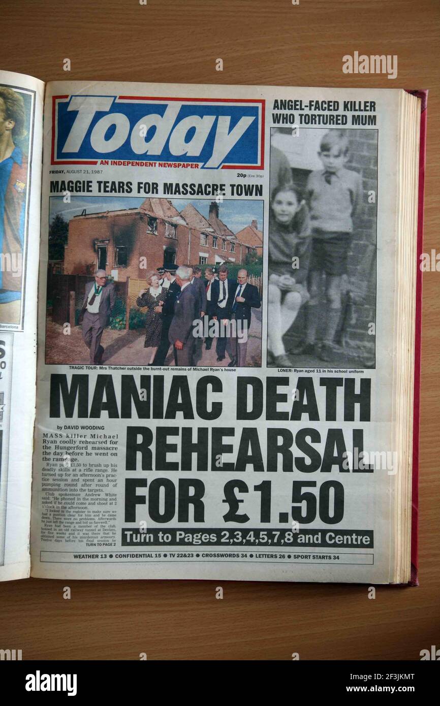 Hungerford Massaker... Titelseiten der Today Zeitungen 21/August/1987 copy pic David Sandison Stockfoto