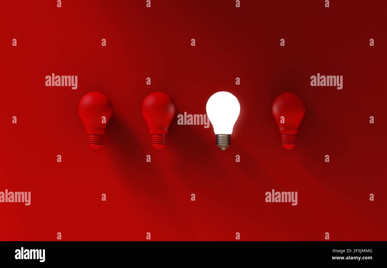 Glühlampen auf roten Hintergrund. Idee, Konzept. 3D-Darstellung. Stockfoto