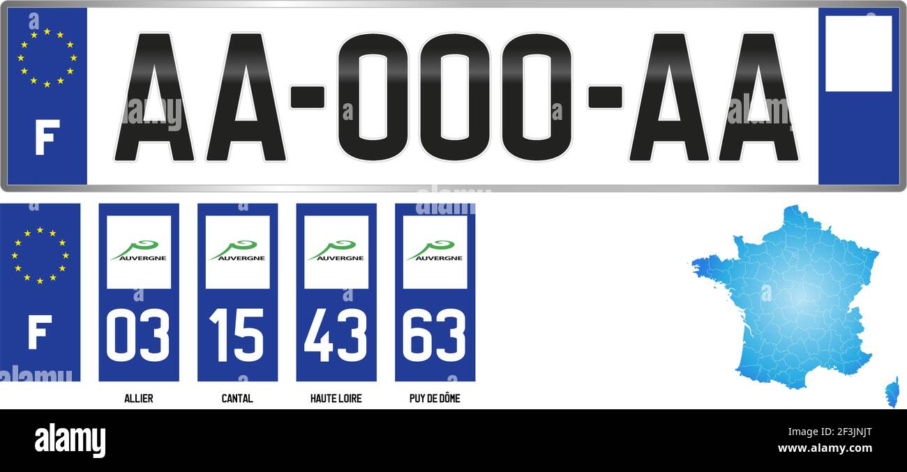 Auvergne, französische regionale Kennzeichenvorlage, Detail der Seitenbeschriftung der Abteilung, Vektorgrafik, Beispiel für Nummerierung Stock Vektor