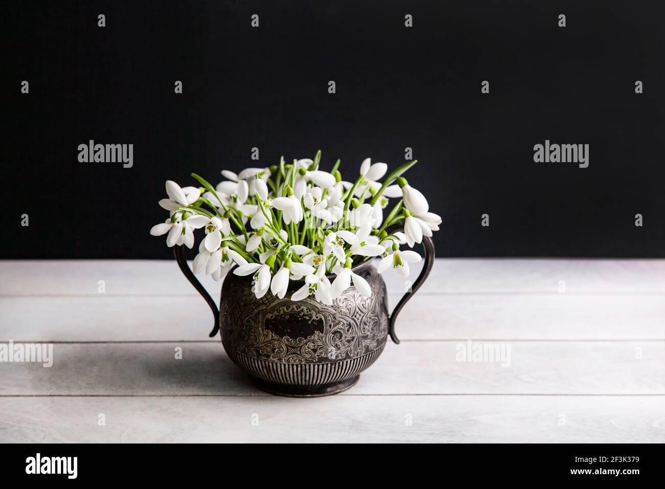 Bouquet von weißen Schneeglöckchen Galanthus nivalis in vintage retro Glas auf dunklem Hintergrund. Stockfoto