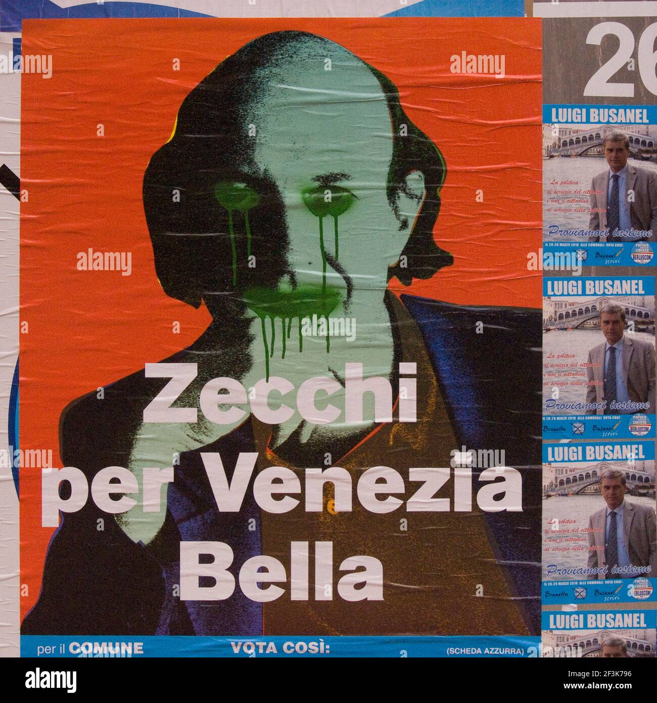 Lokalwahlplakat, Vandalisiert, Venedig, Italien. Stockfoto