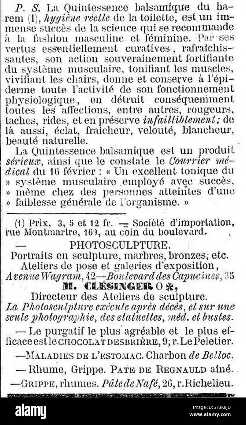 Publicité pour la photosculpture au Milieu d'autres - Journal des débats - 28 mars 1867 - Seite 3 - 6ème colonne. Stockfoto