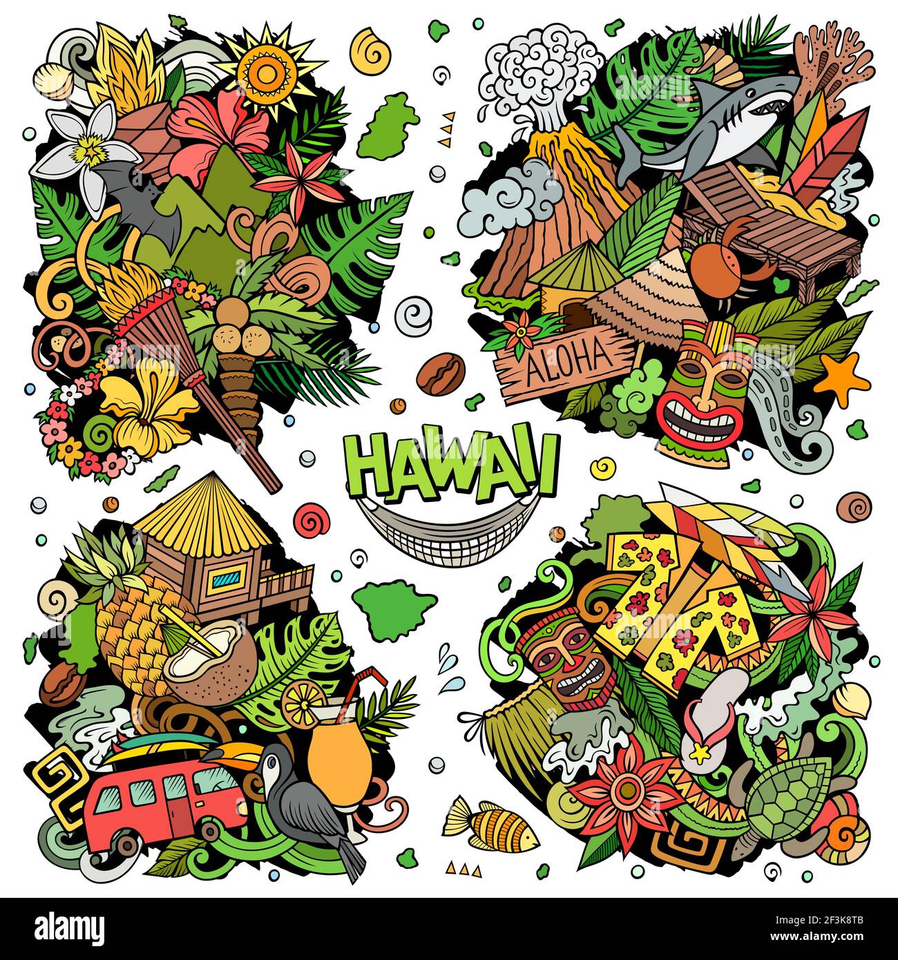 Hawaii Cartoon Vektor Doodle Designs Set. Farbenfrohe, detailreiche Kompositionen mit vielen hawaiianischen Objekten und Symbolen. Alle Elemente sind getrennt Stock Vektor