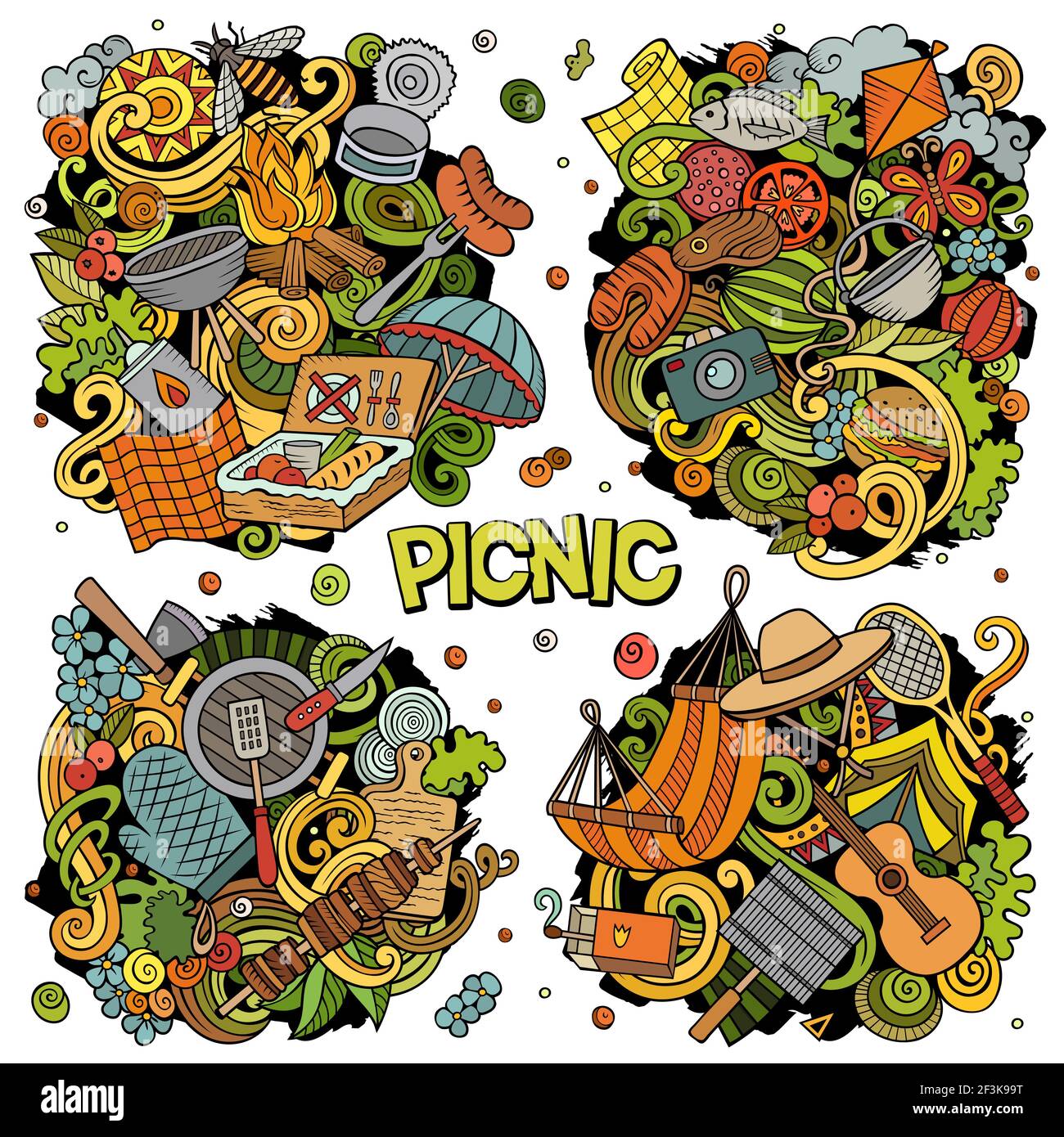 Picknick Cartoon Vektor Doodle Designs Set. Farbenfrohe, detailreiche Kompositionen mit vielen Lebensmitteln und Naturobjekten und Symbolen. Alle Elemente sind getrennt Stock Vektor