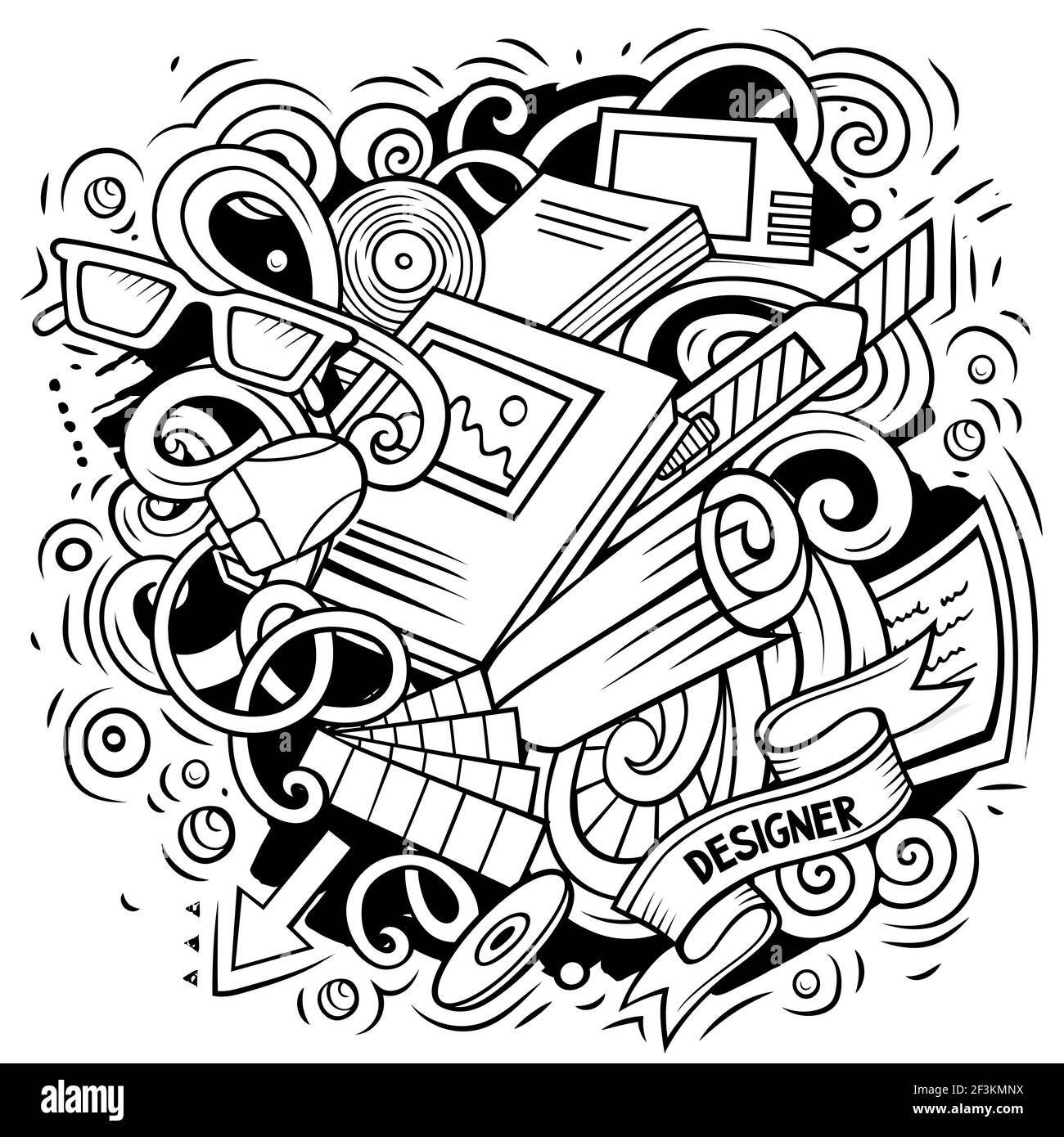 Cartoon Vektor Doodles Kunst und Design Illustration. Linienkunst, detailliert, mit vielen Objekten Hintergrund. Alle Objekte getrennt. Künstlerisches lustiges Bild Stock Vektor