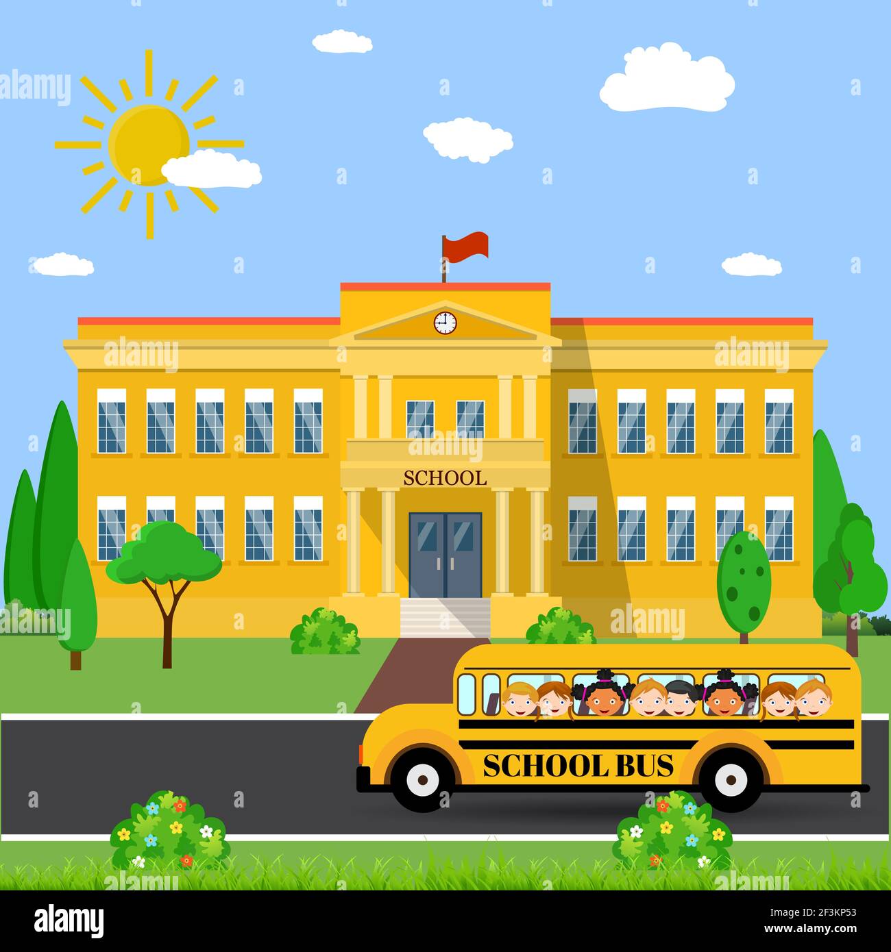 Schulgebäude und Bus Stock Vektor