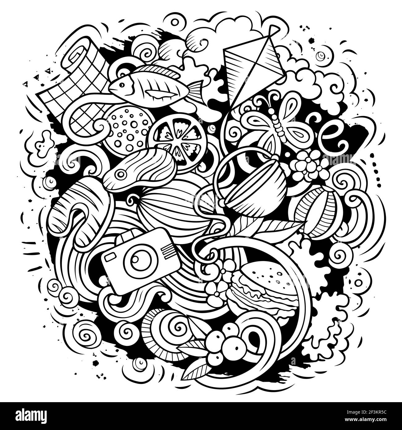 Picknick Cartoon Doodle Illustration. Lustige kreative Vektor Hintergrund. Camping Elemente und Objekte. Stock Vektor