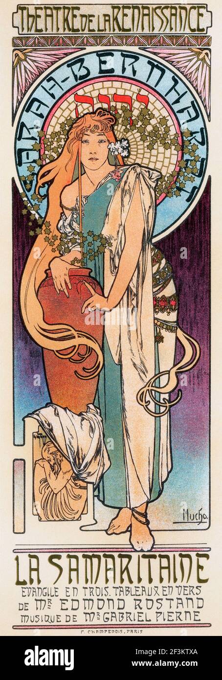 Vintage Poster des Pariser Theaters la Renaissance. La Samaritaine, Hauptrolle spielt Sarah Bernhardt. Von Alfons Mucha Stockfoto