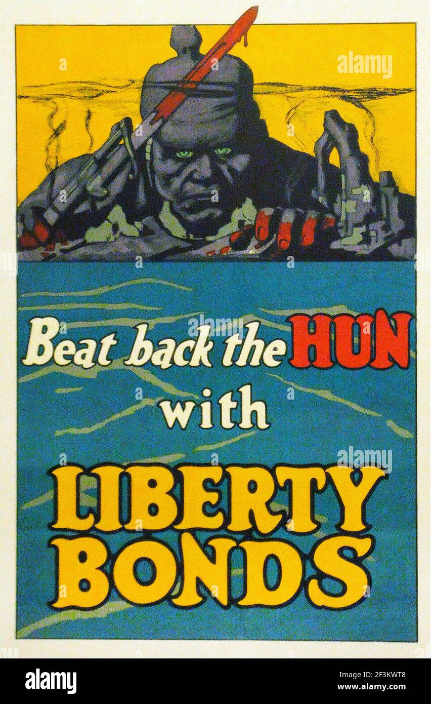 Amerikanisches Propagandaposter. 'Beat back the Hun with Liberty Bonds'. Erster Weltkrieg. 1917 Stockfoto