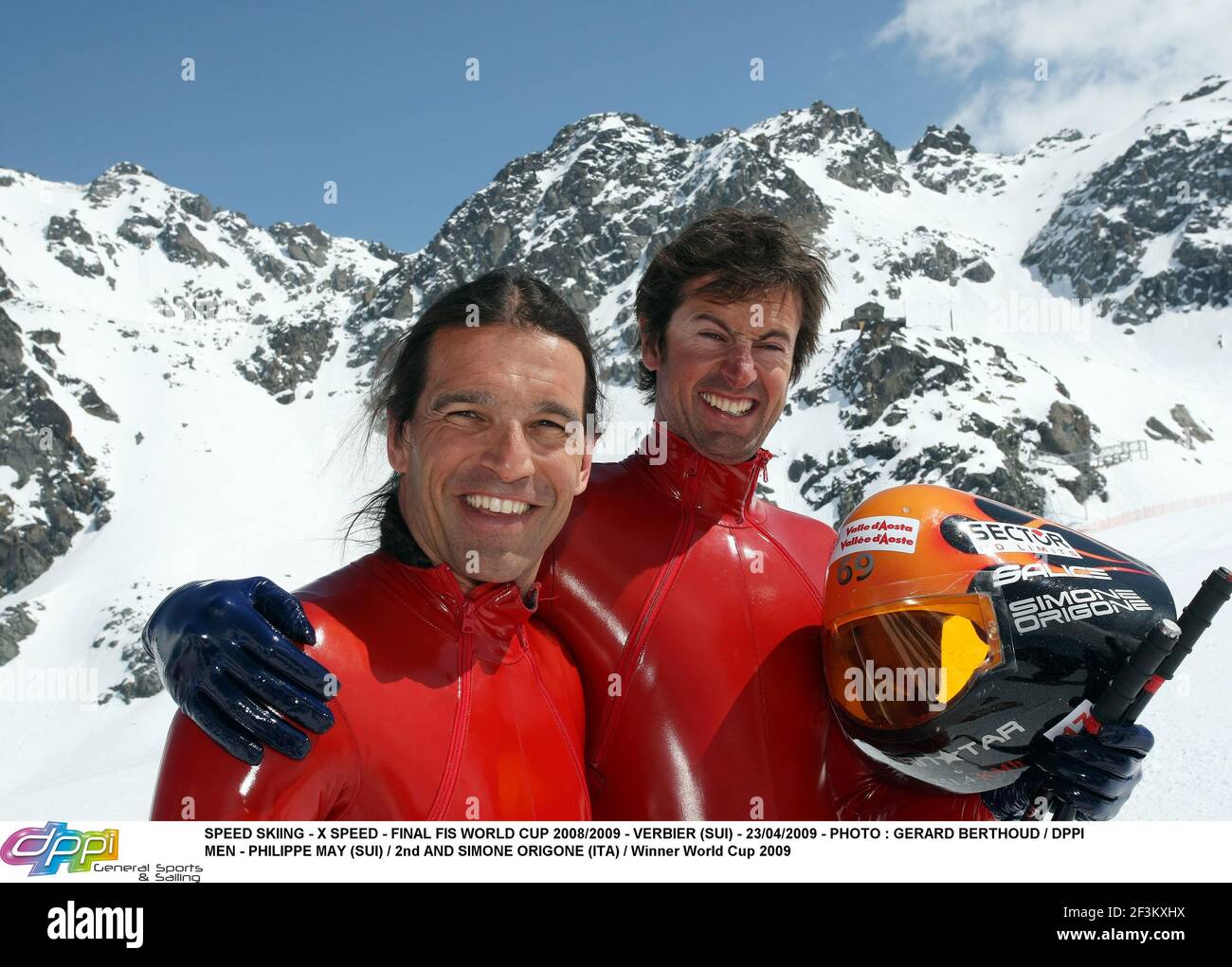 SPEEDSKI - X SPEED - FINALE FIS WORLD CUP 2008/2009 - VERBIER (SUI) - 23/04/2009 - FOTO : GERARD BERTHOUD / DPPI MEN - PHILIPPE MAY (SUI) / 2ND UND SIMONE ORIGONE (ITA) / WINNER WORLD CUP 2009 Stockfoto