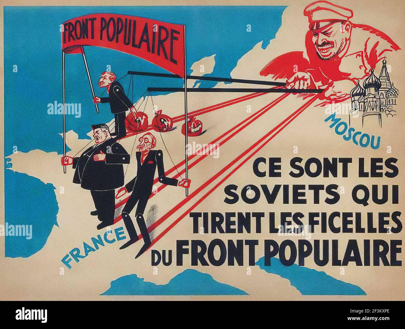 Französisches antikommunistisches Propagandaplakat. Der sowjetische Marionettenspieler, der die Fäden der Vertreter der französischen Volksfront zieht. Frankreich, 1936 Stockfoto