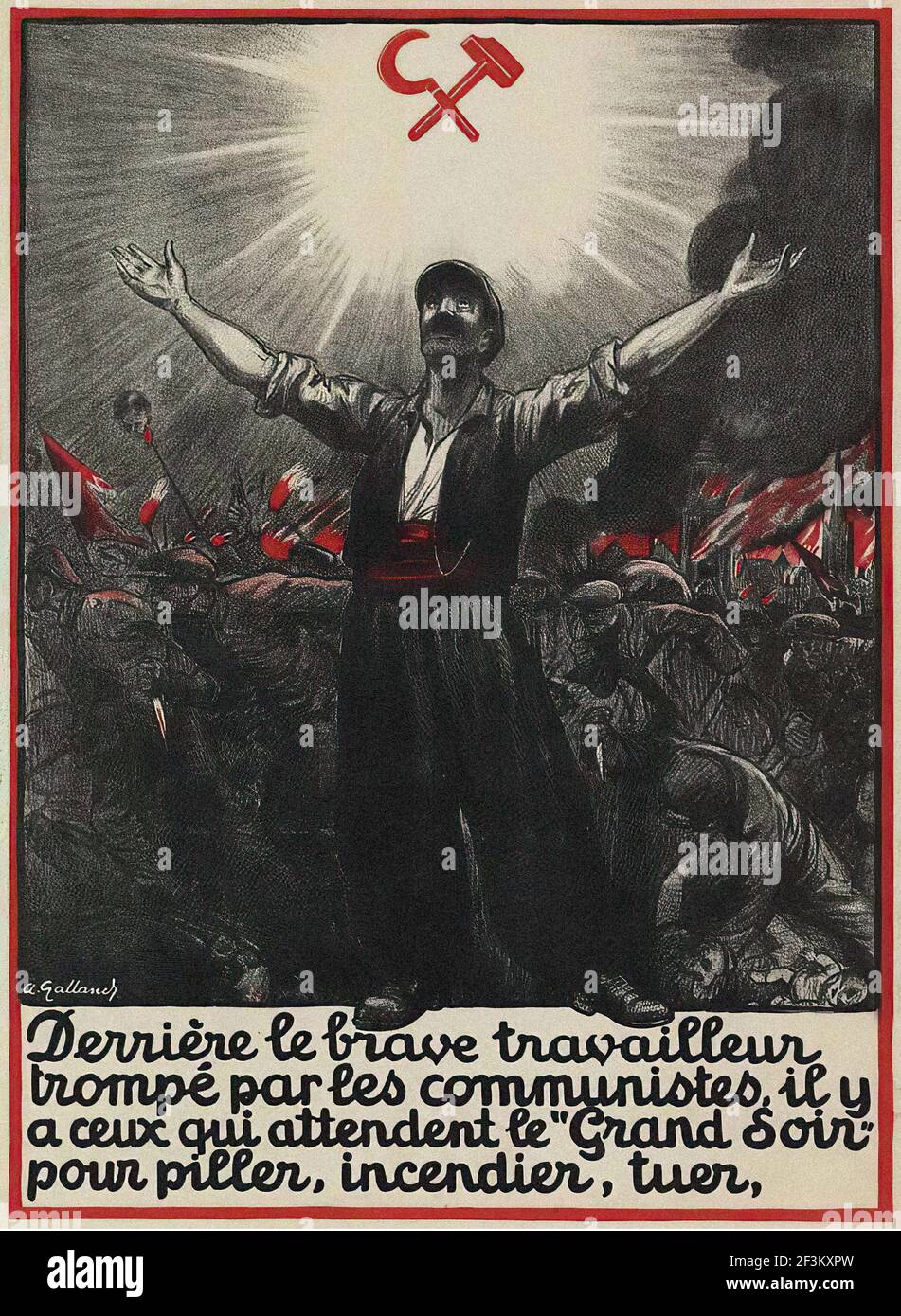 Französisches antikommunistisches Propagandaplakat. Viele Arbeiter irren sich über die Kommunisten, die tatsächlich erwarten, dass die große Nacht kommt, wenn es po sein wird Stockfoto