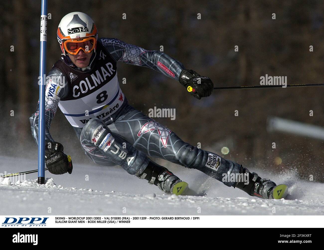 SKIFAHREN - WELTCUP 2001/2002 - VAL D'ISERE (FRA) - 20011209 - FOTO: GERARD BERTHOUD / DPPI SLALOMRIESE MÄNNER - BODE MILLER (USA) / SIEGER Stockfoto