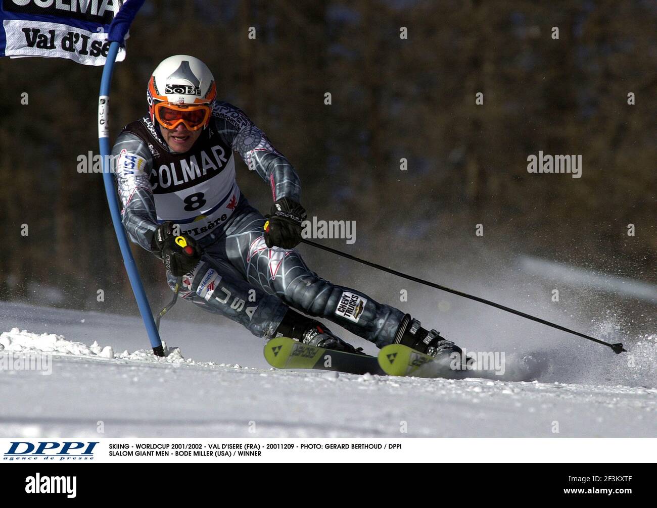 SKIFAHREN - WELTCUP 2001/2002 - VAL D'ISERE (FRA) - 20011209 - FOTO: GERARD BERTHOUD / DPPI SLALOMRIESE MÄNNER - BODE MILLER (USA) / SIEGER Stockfoto
