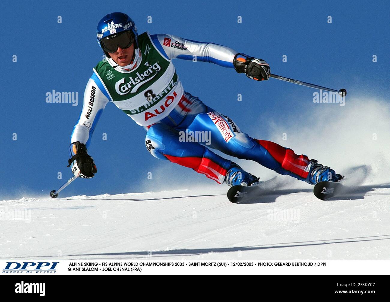 ALPINSKI - FIS ALPINE WELTMEISTERSCHAFT 2003 - ST. MORITZ (SUI) - 12/02/2003 - FOTO: GERARD BERTHOUD / DPPI RIESENSLALOM - JOEL CHENAL (FRA) Stockfoto