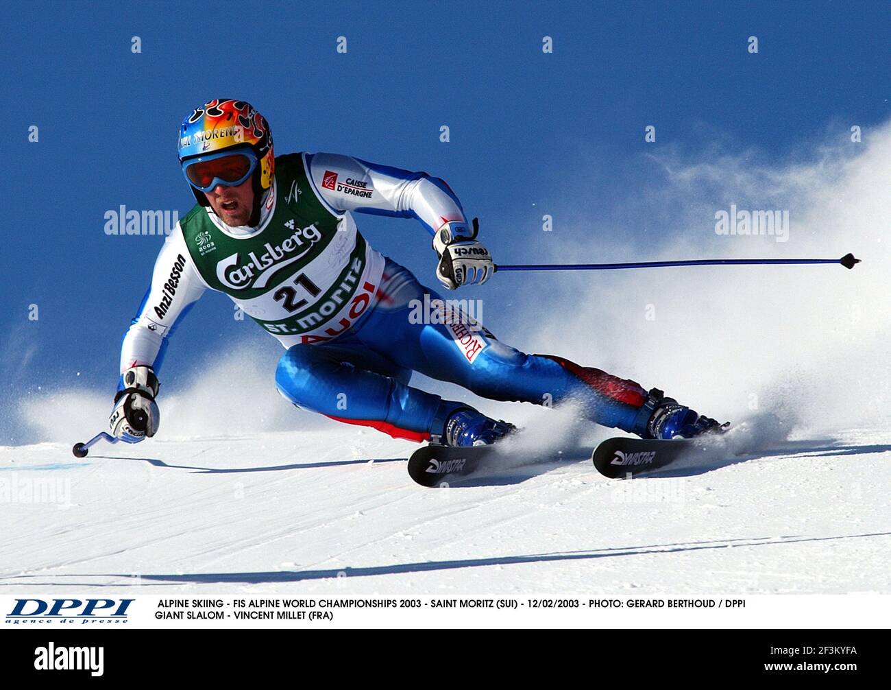 ALPINSKI - FIS ALPINE WELTMEISTERSCHAFT 2003 - ST. MORITZ (SUI) - 12/02/2003 - FOTO: GERARD BERTHOUD / DPPI RIESENSLALOM - VINCENT HIRSE (FRA) Stockfoto