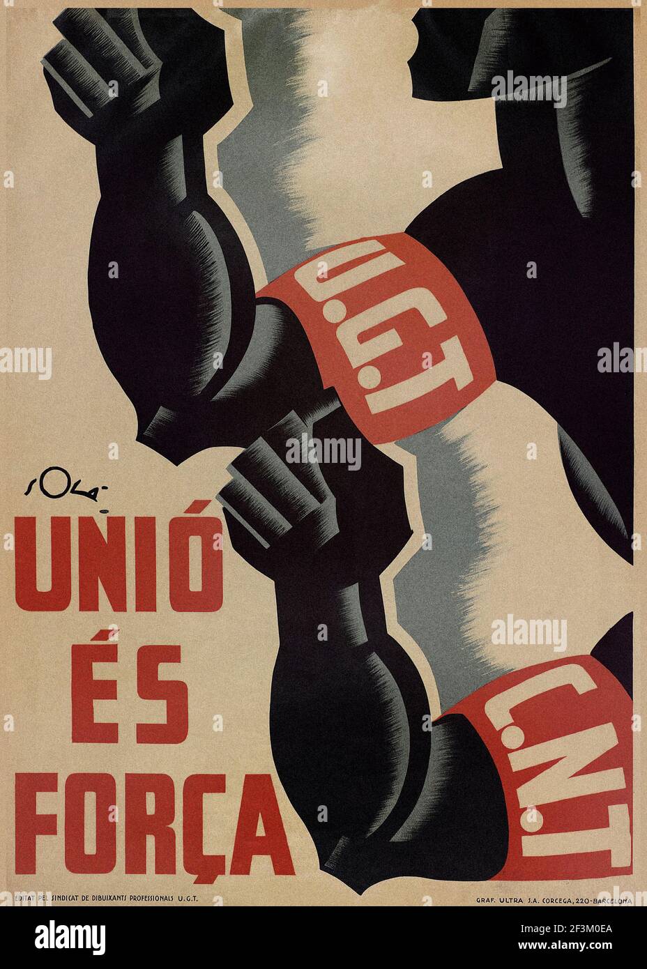 Spanisches Bürgerkriegs-Propaganda-Plakat. Das Plakat fördert zwei politische Parteien, die UGT und die CNT mit dem Slogan Einheit ist Macht. 1939 Stockfoto