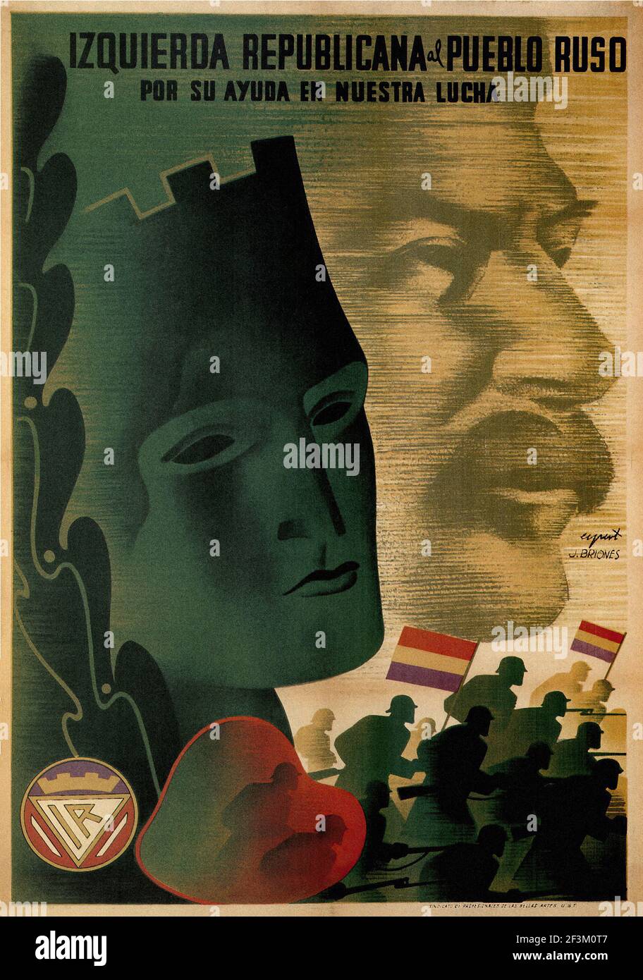 Spanisches Bürgerkriegs-Propaganda-Plakat. Republikaner links an das russische Volk. (Danke) für eure Hilfe in unserem Kampf. 1937 Stockfoto