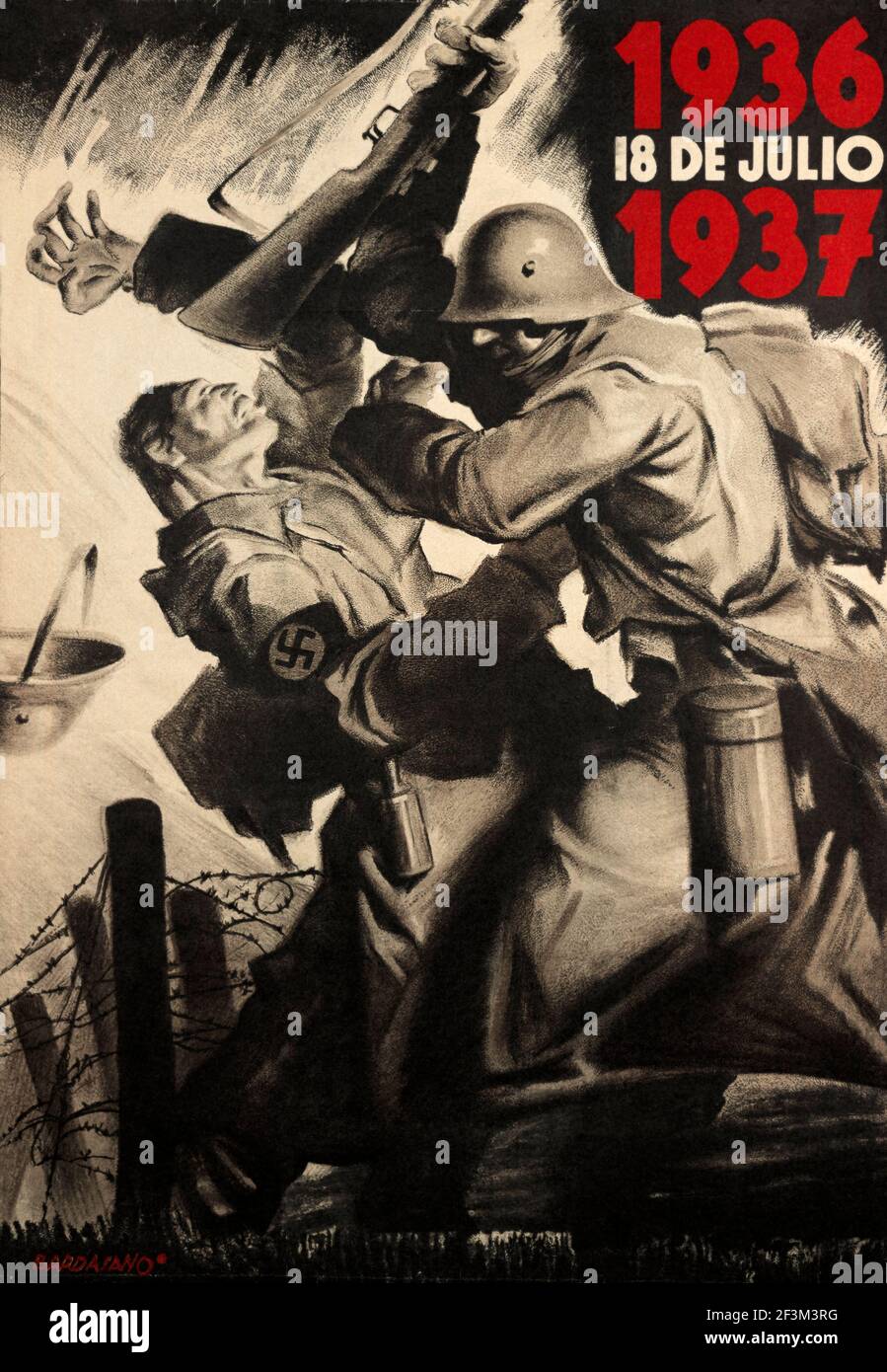 Plakat der spanischen Republikaner in ihrem Kampf gegen eine Revolte der Nationalisten, eine Allianz der Falangisten, Monarchisten, Konservative und Katholiken. Stockfoto