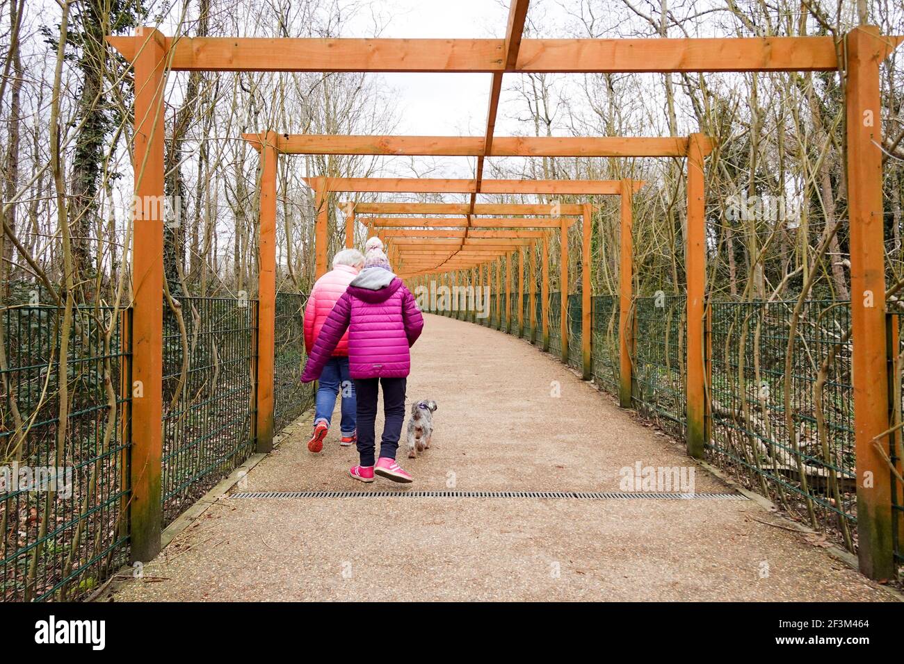 Holzpergola über Fußgängerweg Stockfoto