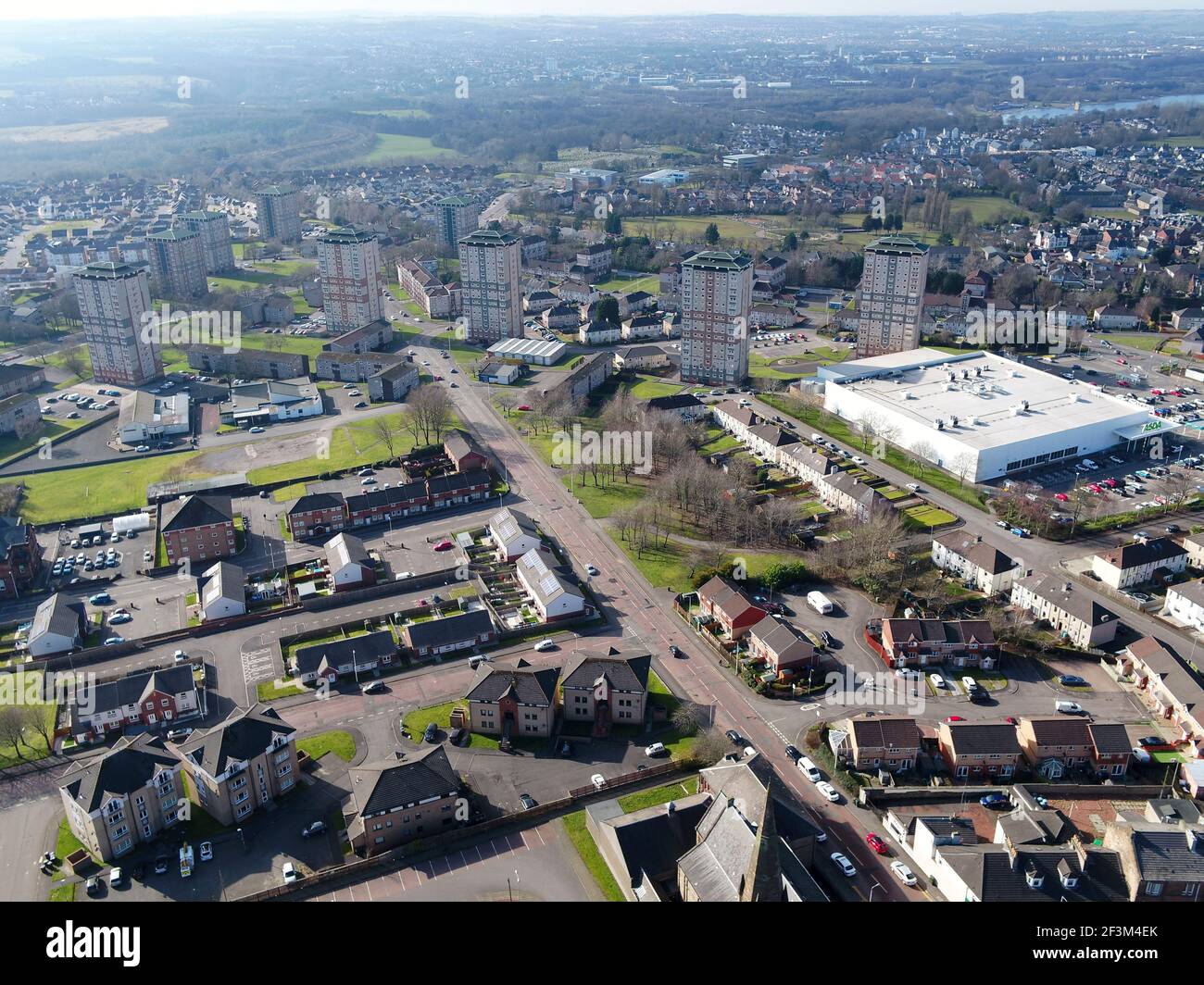 Luftdrohnenaufnahme des Stadtzentrums von Motherwell Lanarkshire Stockfoto