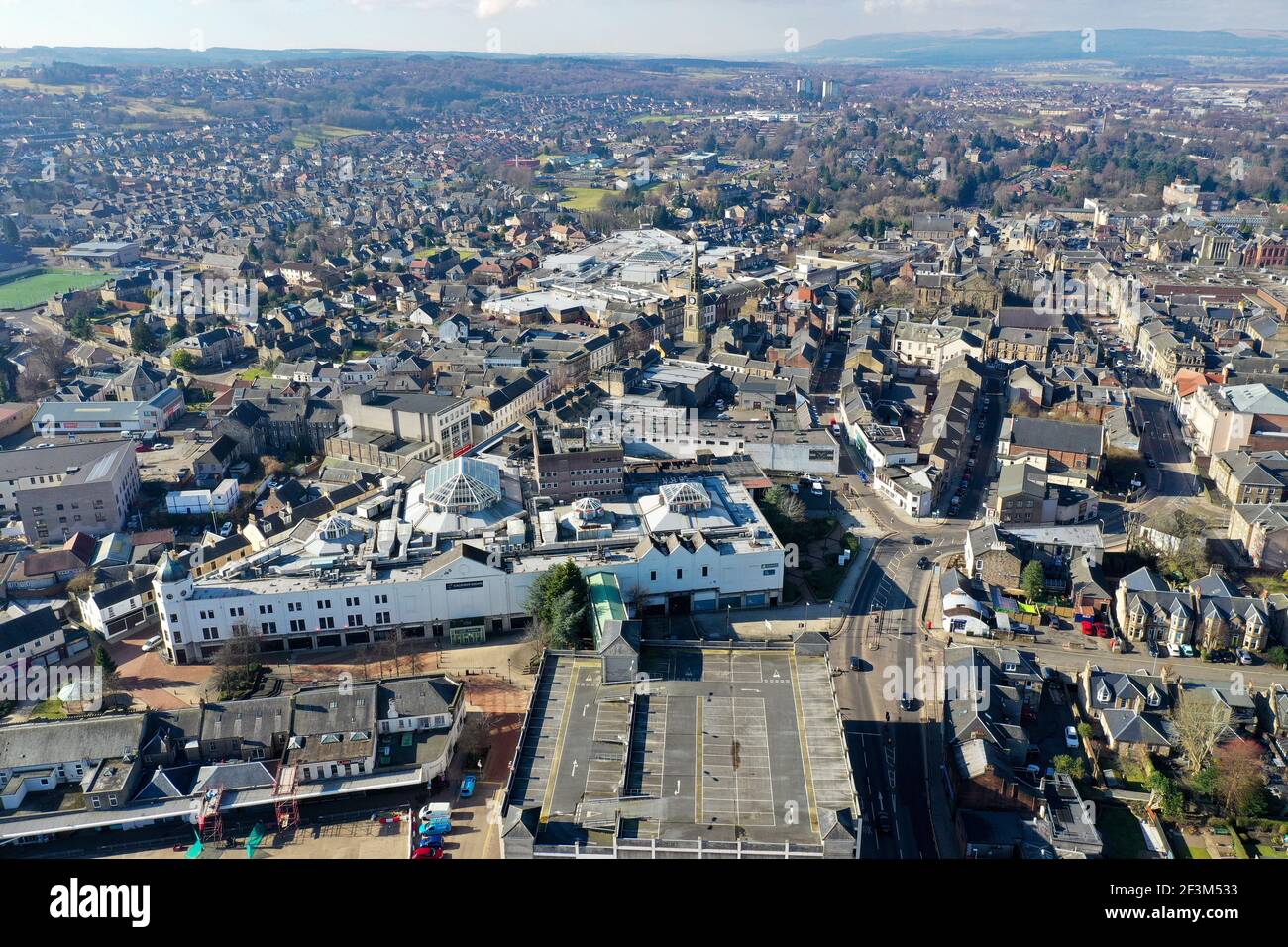 Luftdrohnenaufnahme des Stadtzentrums von Falkirk Stirlingshire Stockfoto