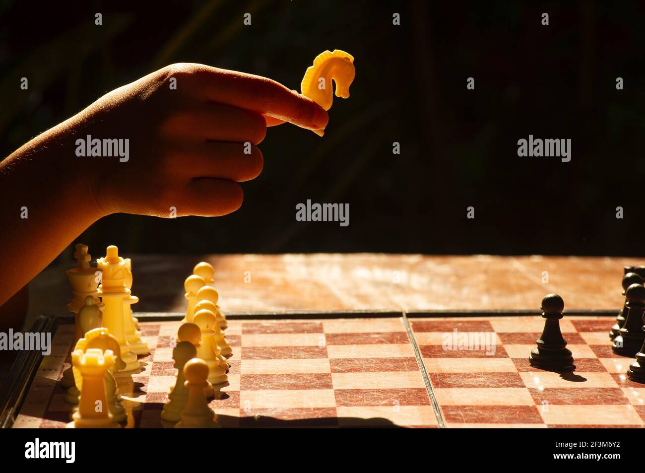 Eine Business-Spiel wettbewerbsfähige Strategie mit Schach-Brettspiel mit Ein weißes Pferd Schach Stück Stockfoto